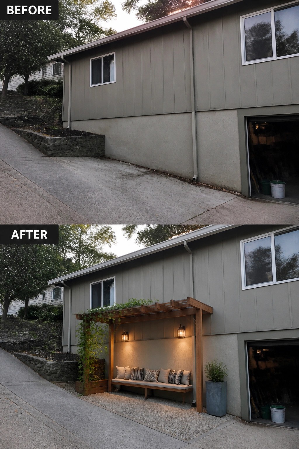Before-and-after image of a blank side driveway area turned into a covered seating nook with a wooden pergola, bench, wall lights, and planters.