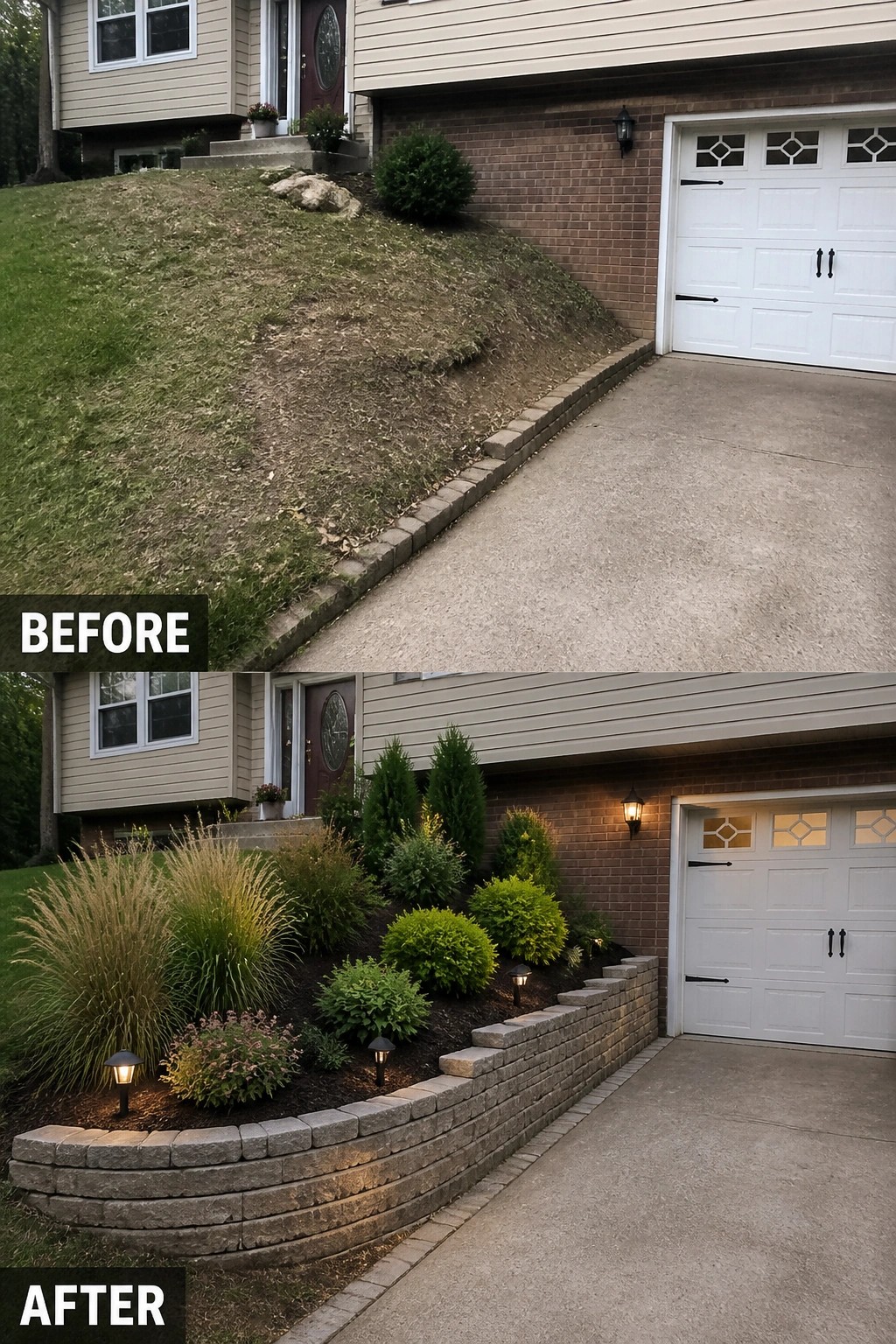 Before-and-after image of a sloped front yard changed from bare turf into a terraced bed with a stacked-stone retaining wall, planted shrubs and pathway lighting.