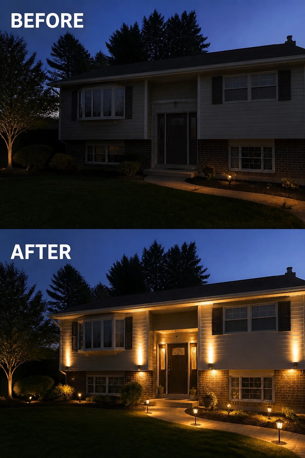 Before-and-after image of a split-level house exterior updated with warm wall and uplighting plus path lights that highlight the entry and walkway.