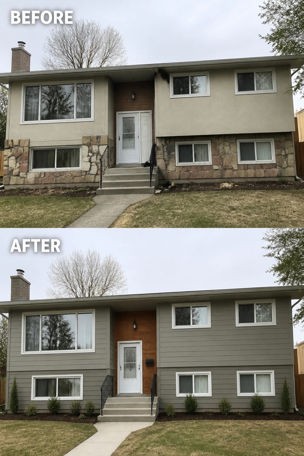 Before-and-after image of a split-level house updated from stucco and stone to horizontal siding with a wood-paneled entry and added front plantings.