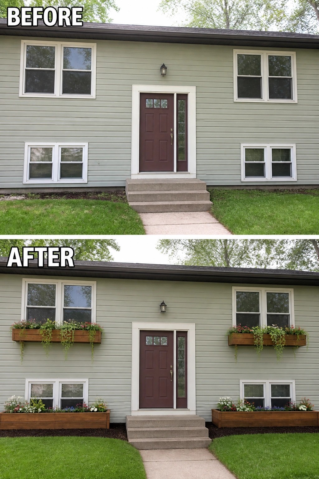 Before-and-after image of a split-level front elevation updated by adding wooden window boxes under the upper windows and long planter beds along the foundation filled with flowers.