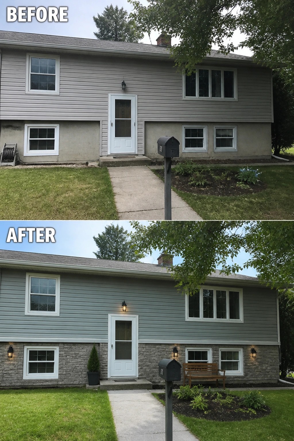 Before-and-after makeover image of a split-level house showing the bare concrete foundation updated with stone veneer, added exterior wall lights, and simple entry styling.