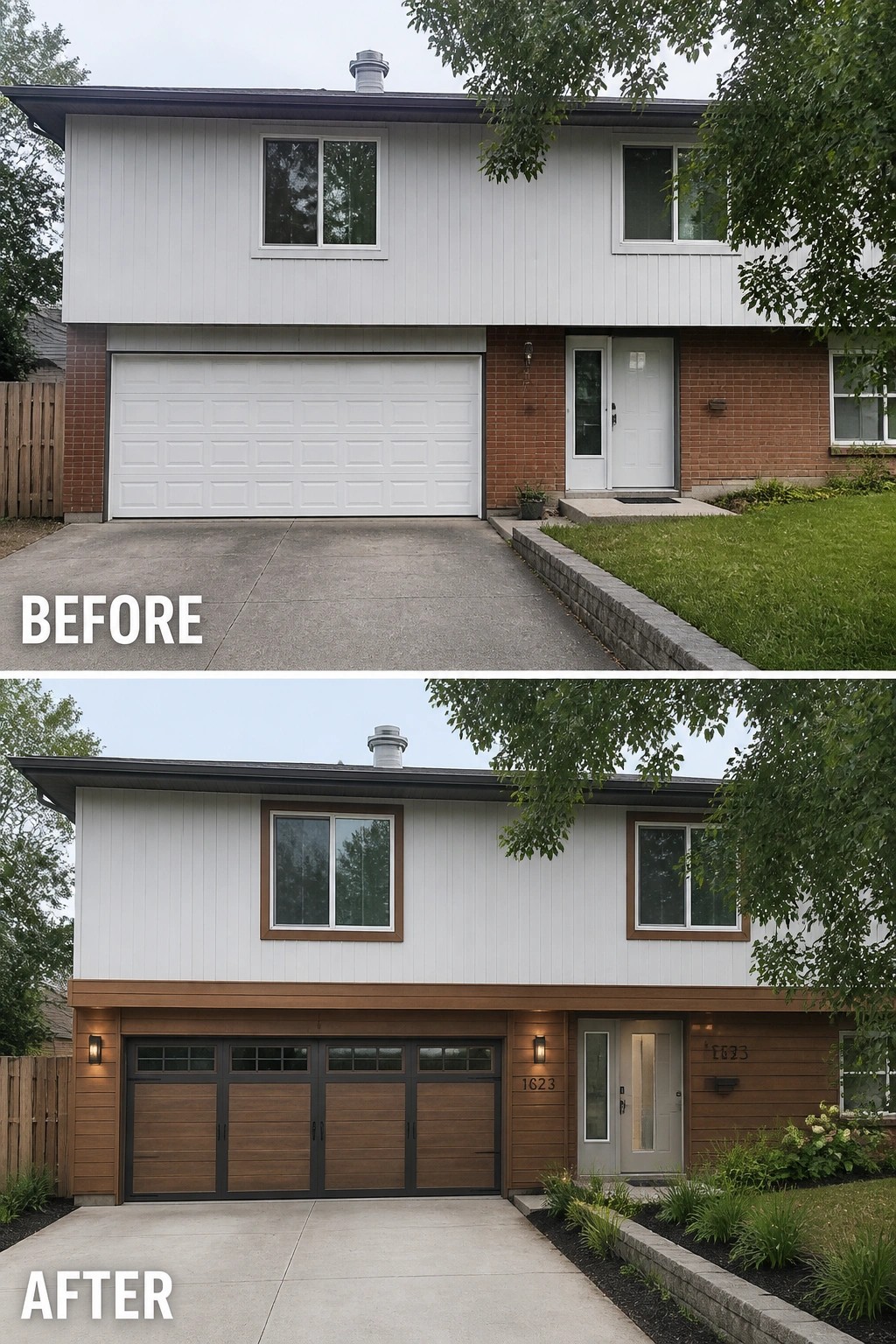 Before-and-after image of a split-level house front where plain brick and white siding are updated with warm horizontal wood cl