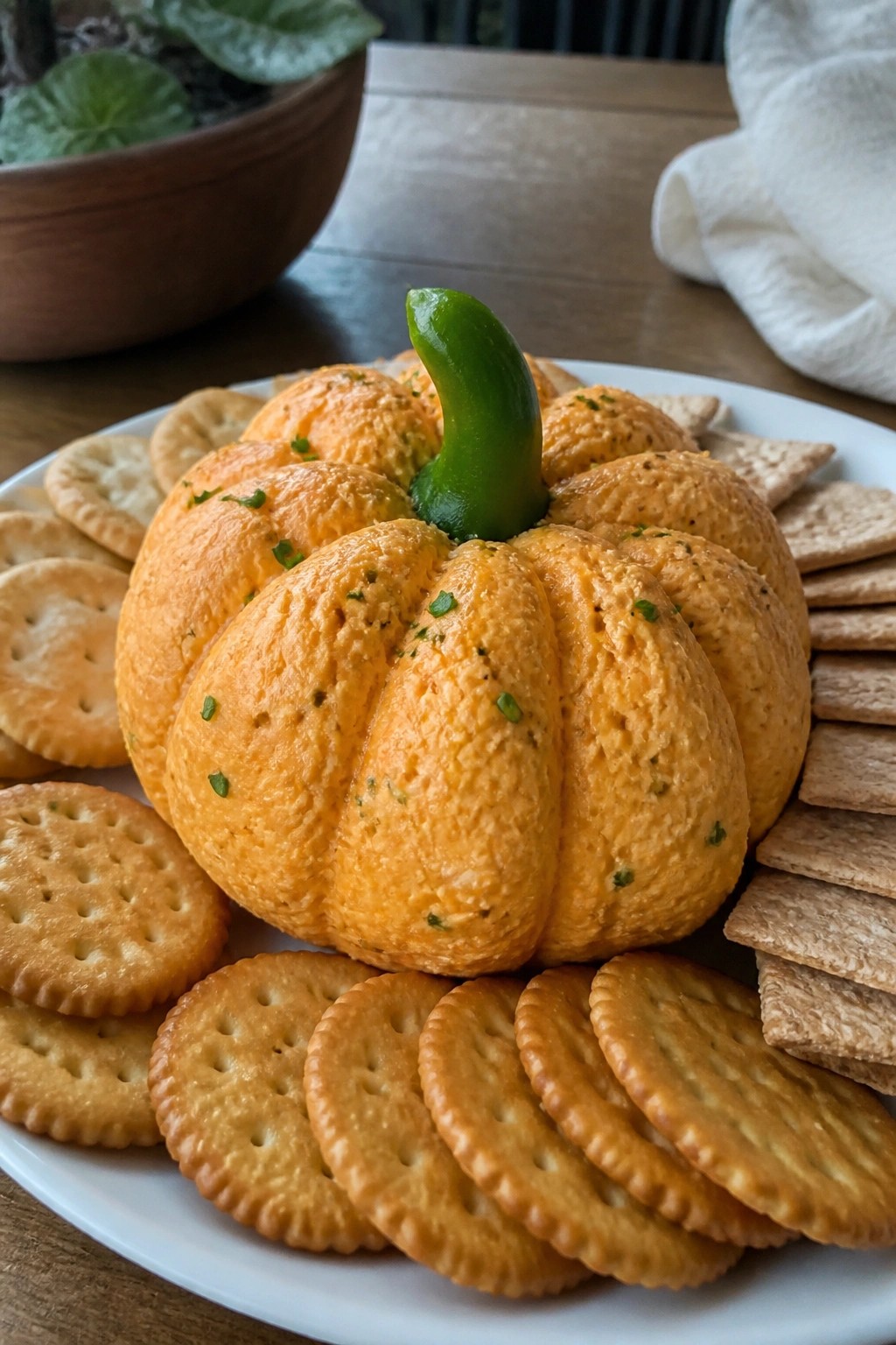 Pumpkin-Shaped Cheese Ball with Crackers