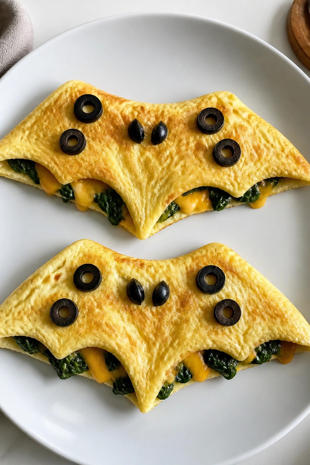 Bat Wing Omelets with Spinach Filling and Black Olive Details