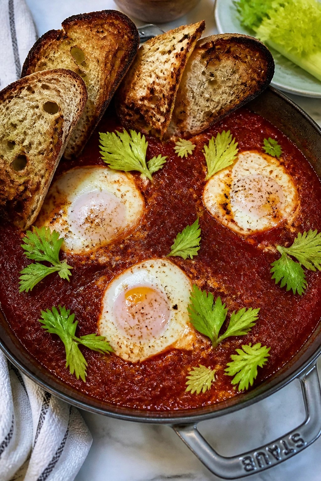 Bloody Mary Tomato Skillet with Poached Eggs and Toast Dippers