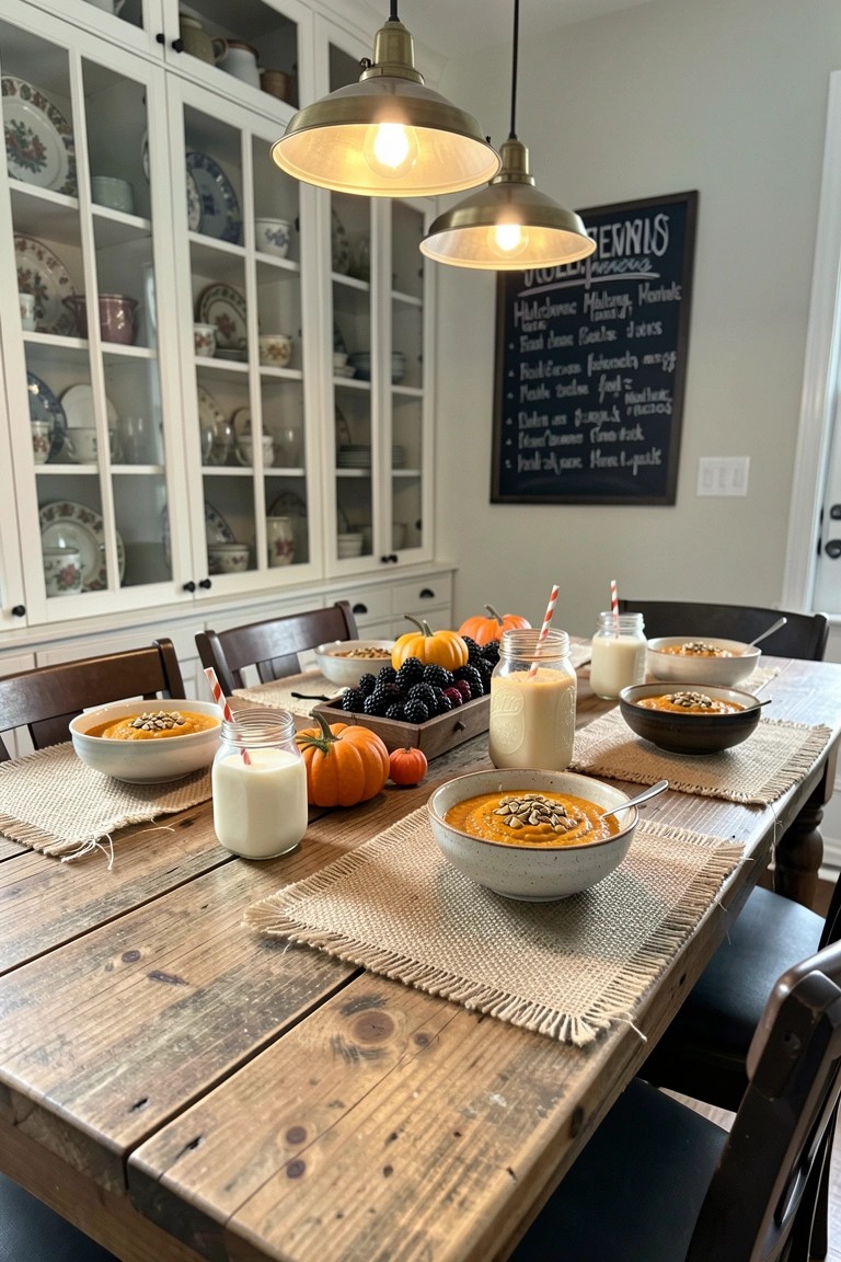 A wooden dining table set with bowls of orange soup, jars of milk with straws, small pumpkins, and burlap placemats, with a chalkboard menu on the wall behind.