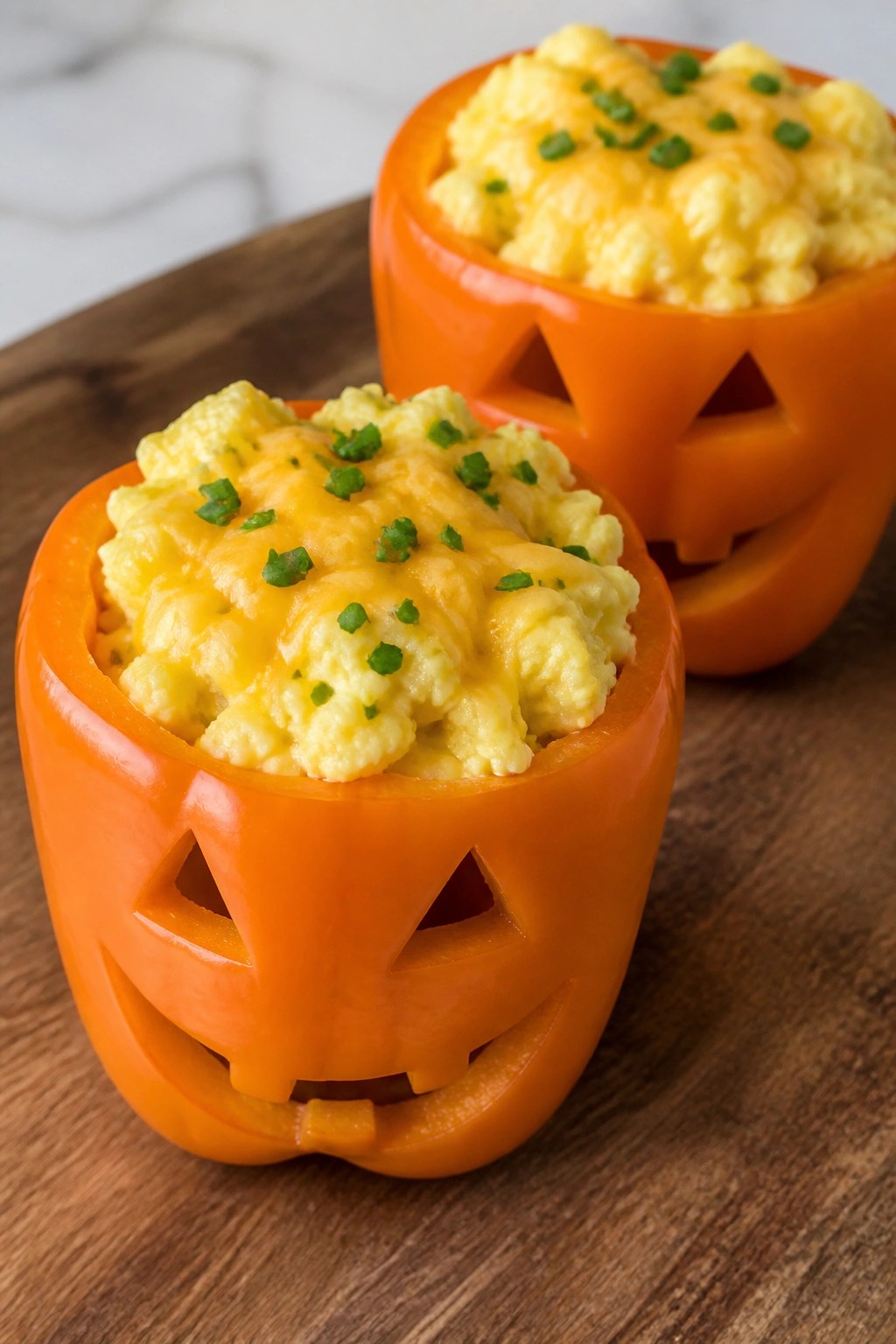 Jack-o'-Lantern Stuffed Breakfast Peppers with Scrambled Eggs