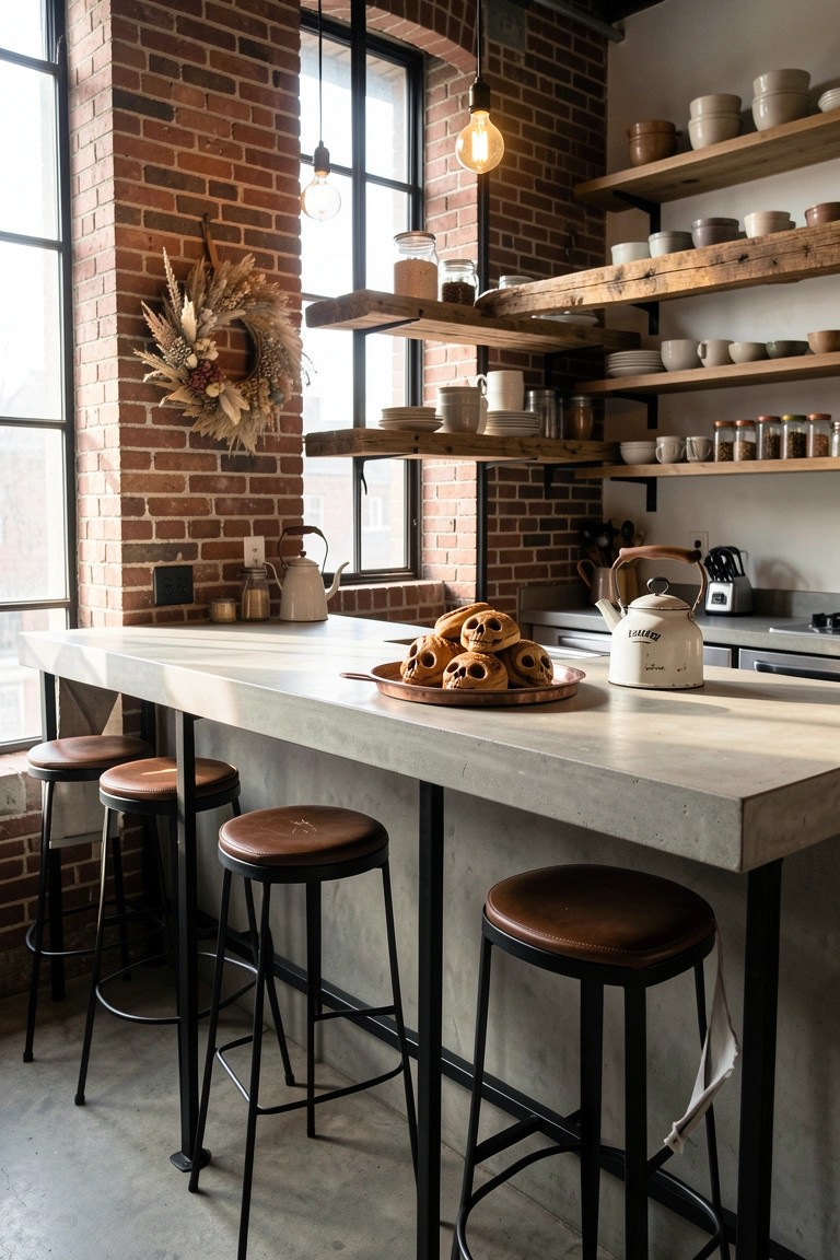 A kitchen with a long concrete island, three brown leather bar stools, exposed brick walls, and wooden floating shelves holding dishes and jars.