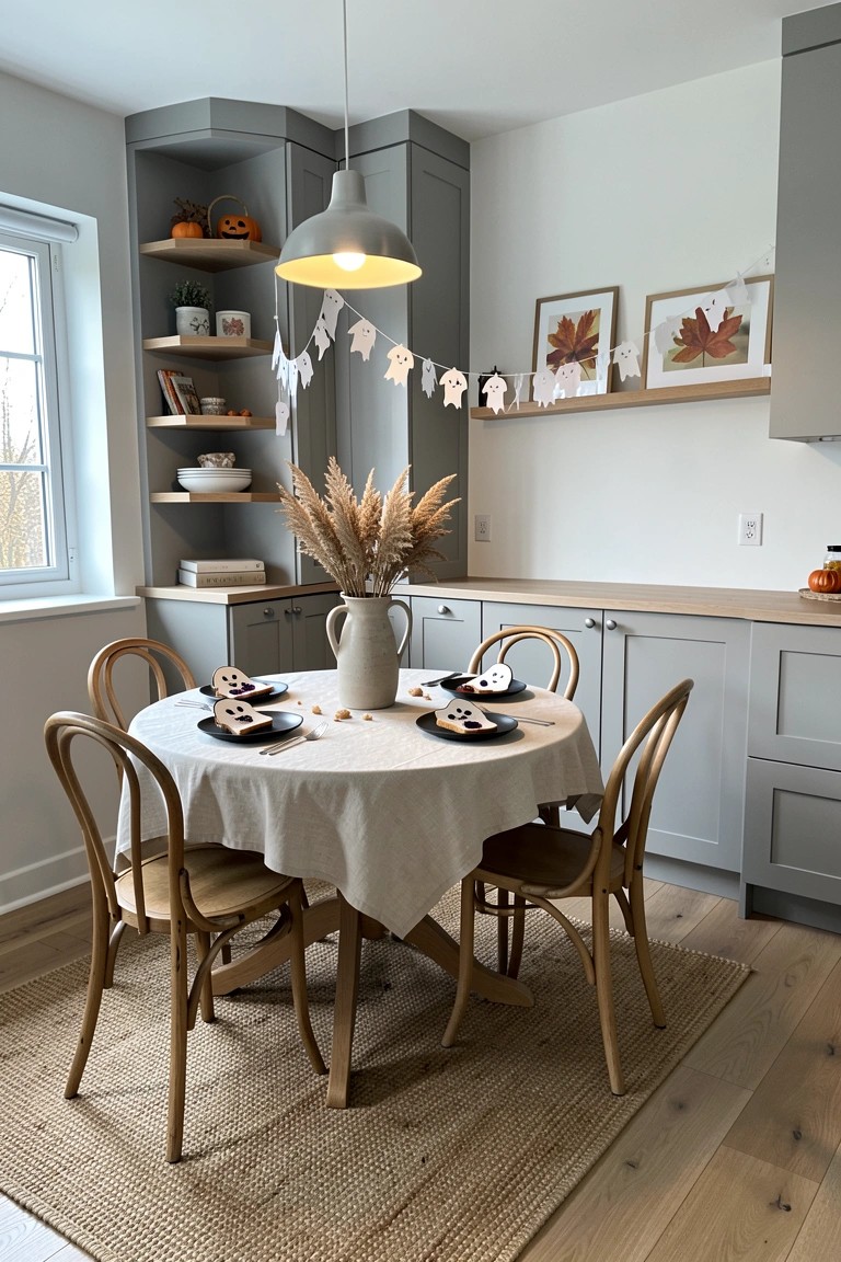 A round table covered with a white cloth holds ghost-shaped sandwiches on black plates, with wooden chairs around it and ghost garlands hanging in a gray kitchen.