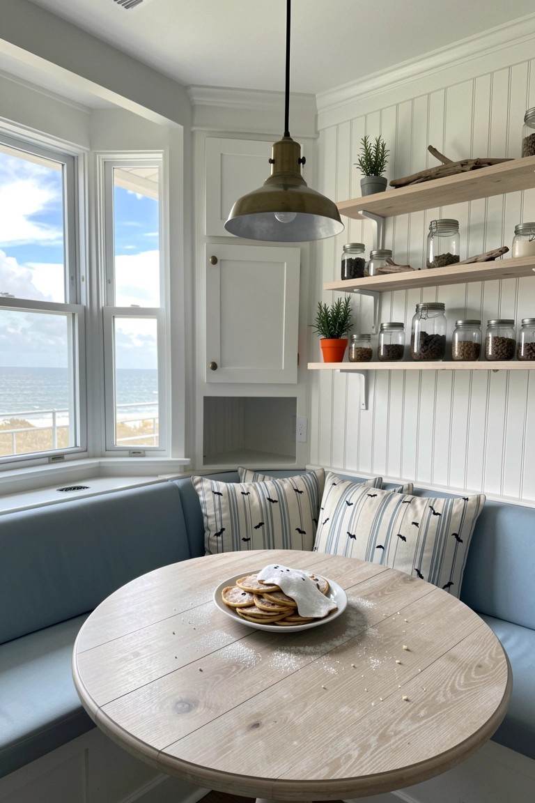 A bright breakfast nook with blue built-in bench seating, a round wooden table, and several pillows printed with small black bats.
