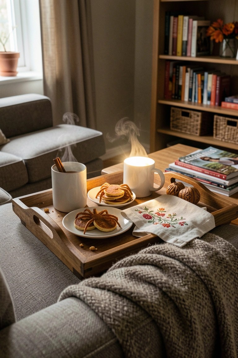 A wooden tray holding two plates of spider-shaped pancakes, two white mugs, a folded embroidered napkin, and small decorative pumpkins rests on a couch covered with a knit blanket in a living room with bookshelves and a window in the background.