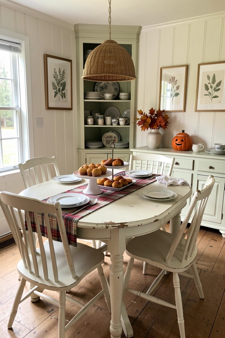 A white distressed dining table set for breakfast with plates, muffins on stands, and a plaid runner, next to a green hutch holding dishes and a small pumpkin.