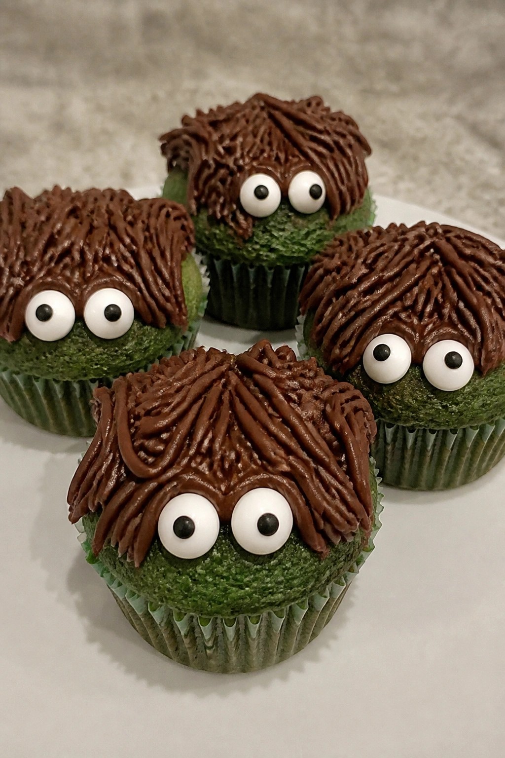 Frankenstein Green Velvet Cupcakes with Chocolate Hair