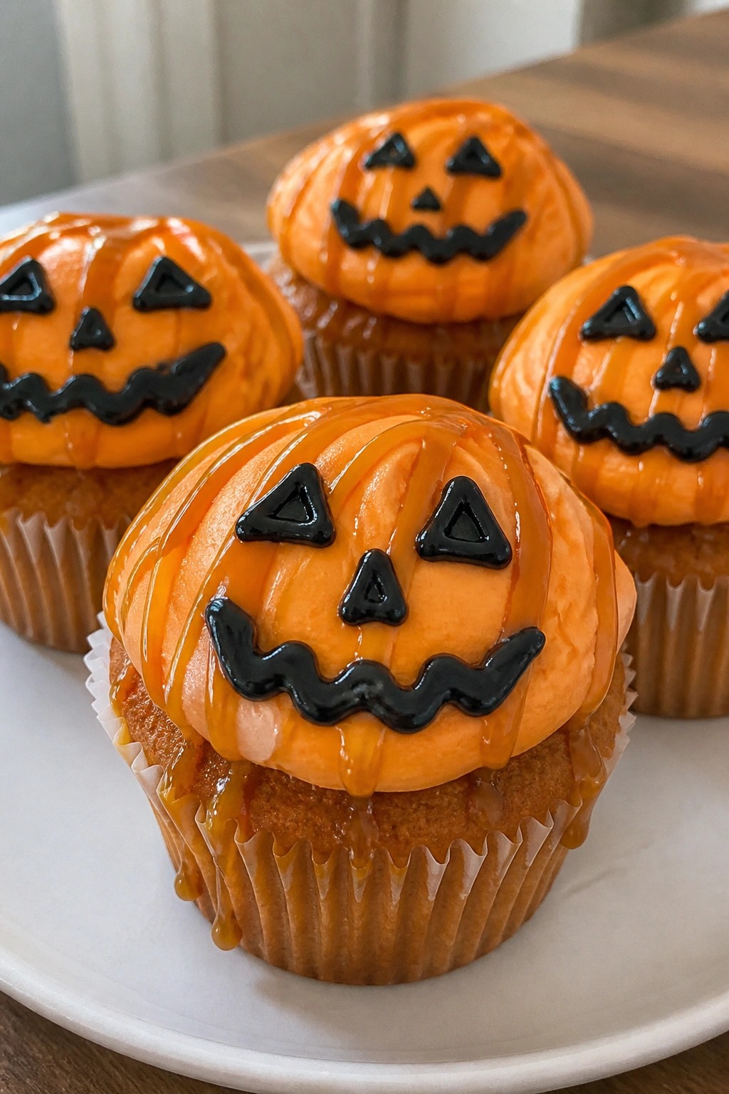 Jack-o'-Lantern Pumpkin Spice Cupcakes with Caramel Drizzle