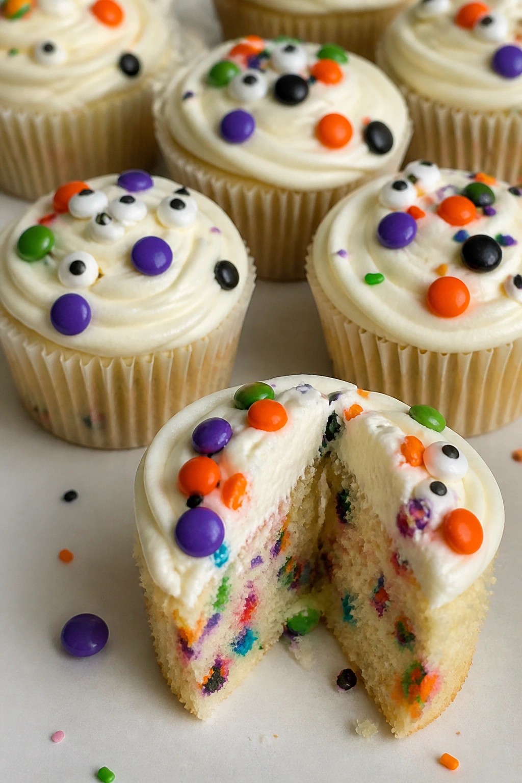 Monster Eye Funfetti Cupcakes with Candy Decorations