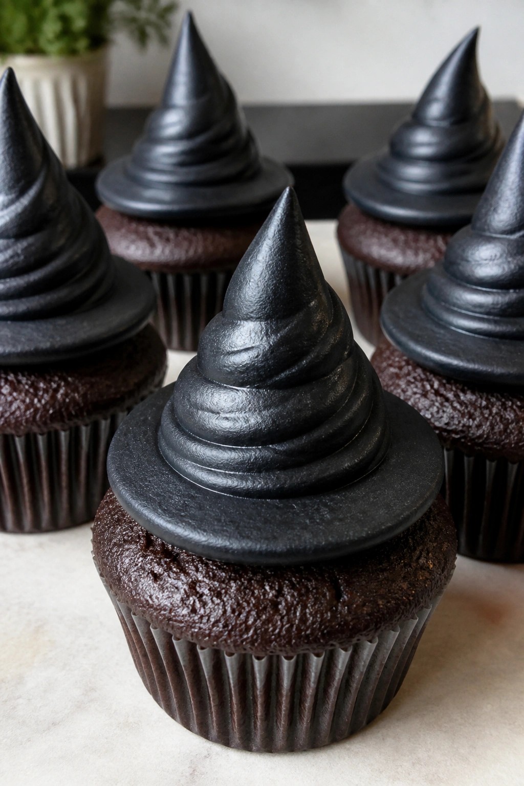 Witch Hat Chocolate Cupcakes with Pointed Frosting