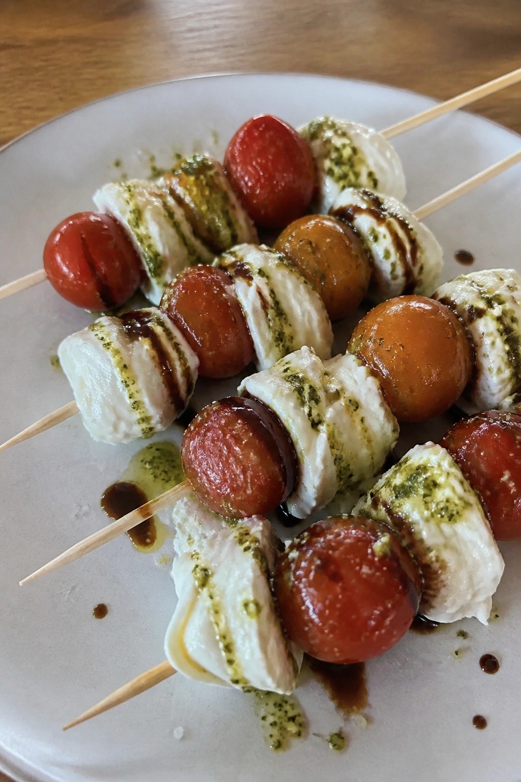Caprese Skewers with Burrata, Pesto, and Aged Balsamic