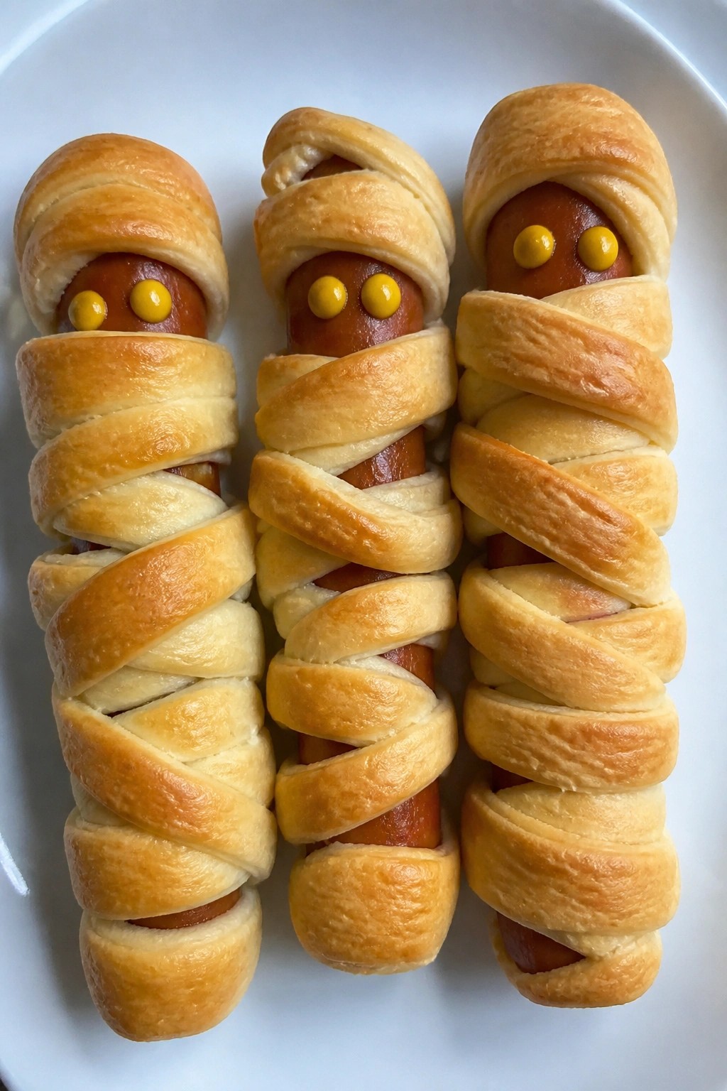 Baked Mummy Hot Dogs with Mustard Eyes