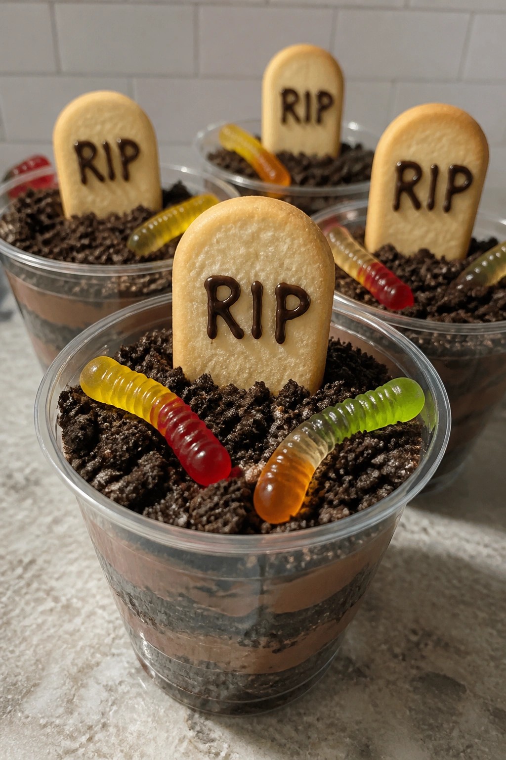 Graveyard Dirt Cake Cups with Cookie Tombstones