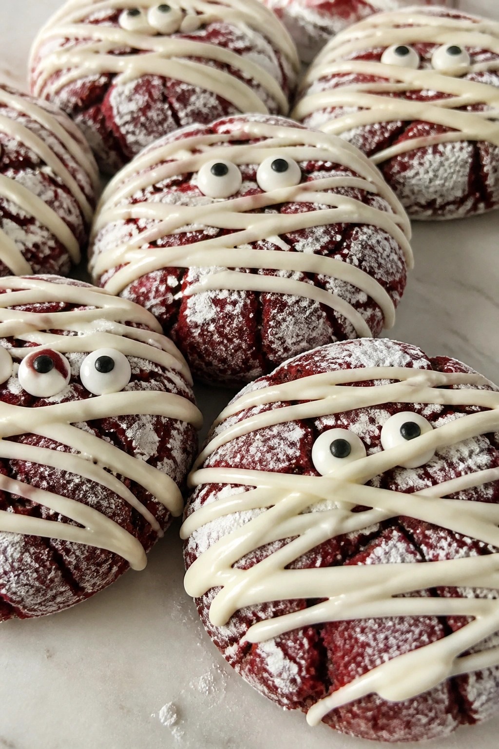 Mummy-Wrapped Red Velvet Crinkle Cookies