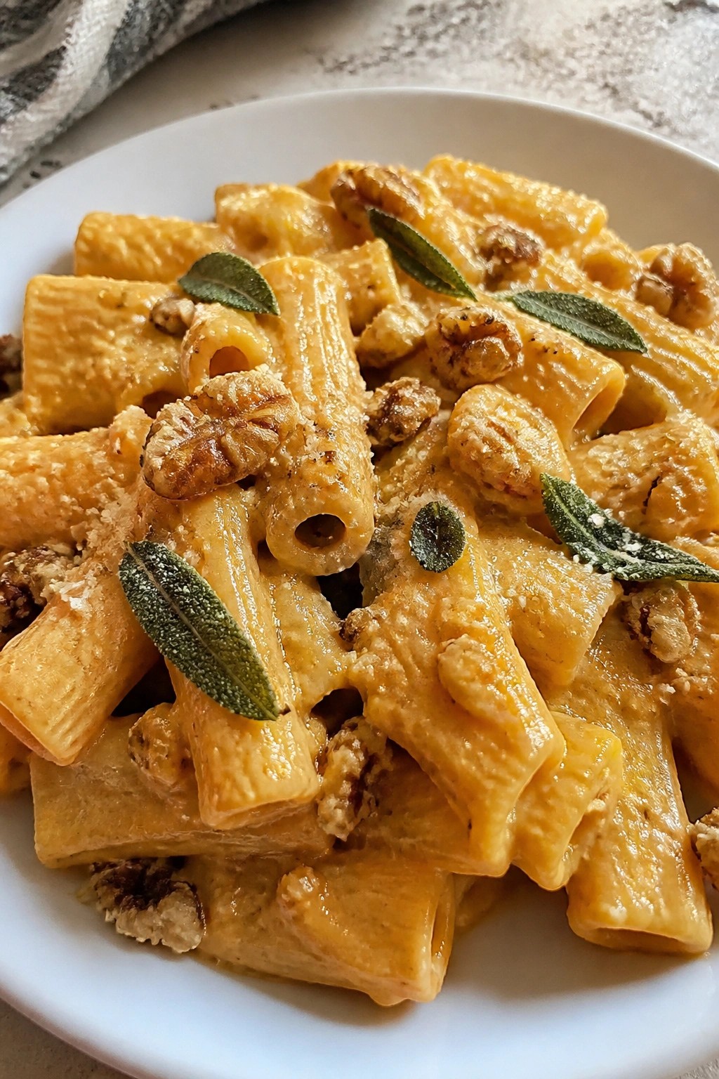 Creamy Pumpkin Alfredo Rigatoni with Crispy Sage and Toasted Walnuts
