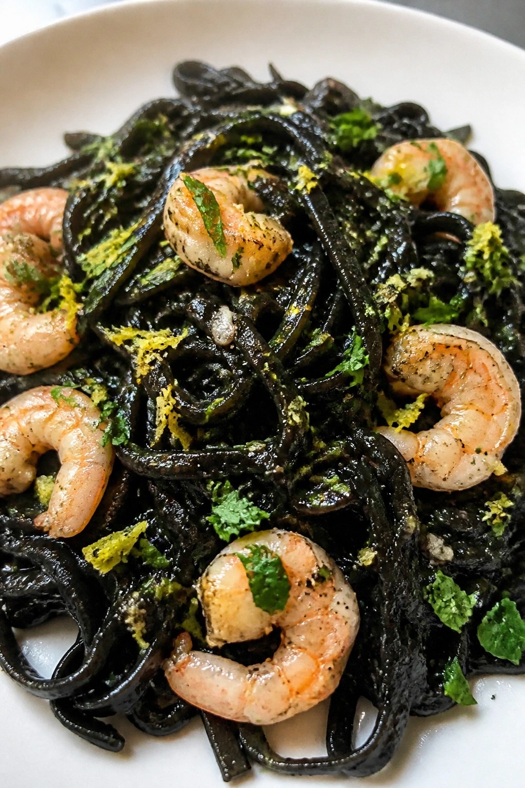 Garlic Butter Shrimp Fettuccine with Blackened Squid Ink and Lemon