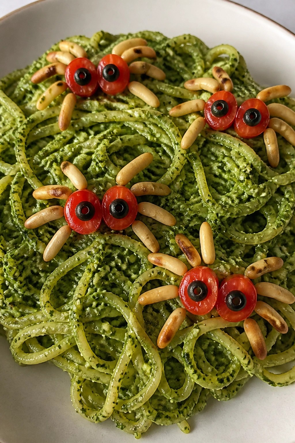 Monster Green Pesto Linguine with Pine Nut Spiders and Cherry Tomato Eyes