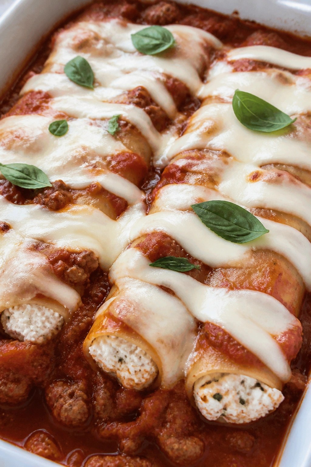 Mummy-Wrapped Cannelloni in Rich Bolognese with Mozzarella Bandages