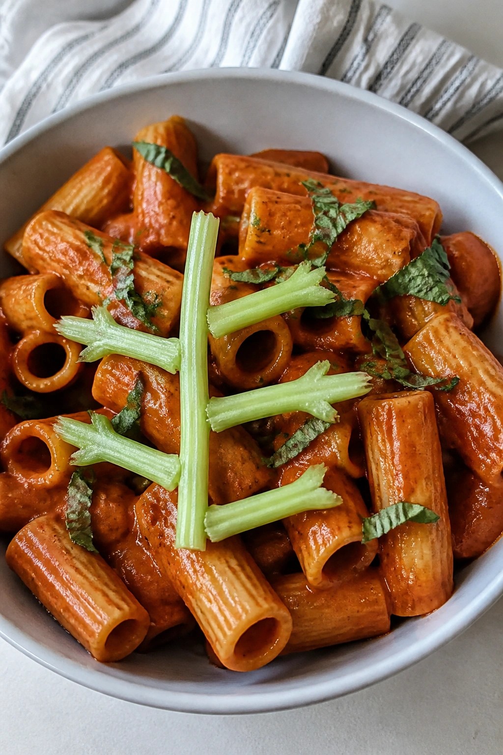 One-Pot Bloody Vodka Rigatoni with Fresh Basil and Celery Ribs