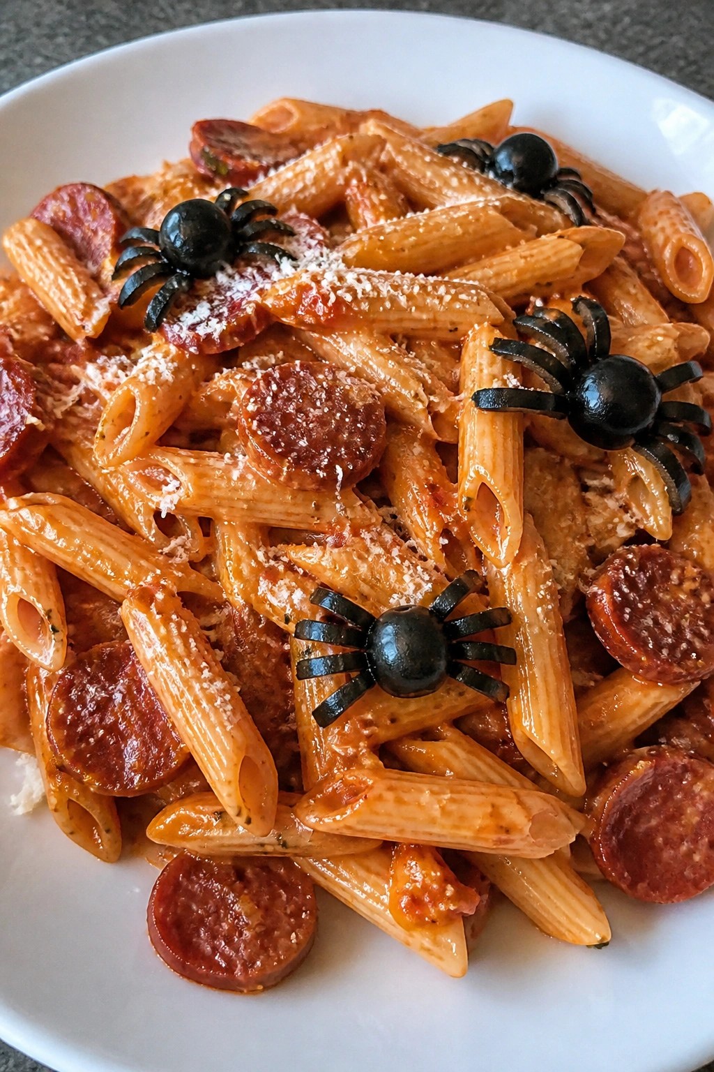 Spicy Chorizo Penne with Roasted Red Pepper Sauce and Black Olive Spiders