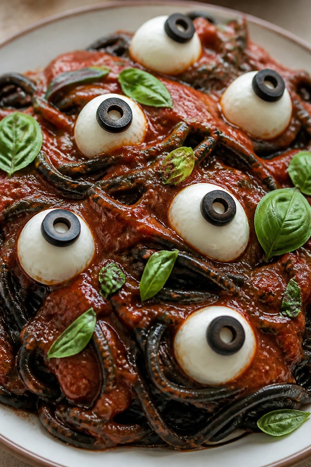 Squid Ink Spaghetti with Mozzarella Eyeballs in Smoky Marinara