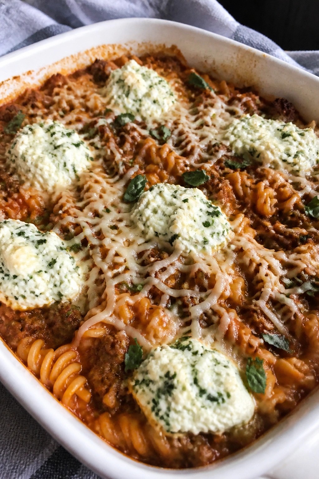 Zombie Brain Rotini Casserole with Meat Sauce and Herbed Ricotta Clouds