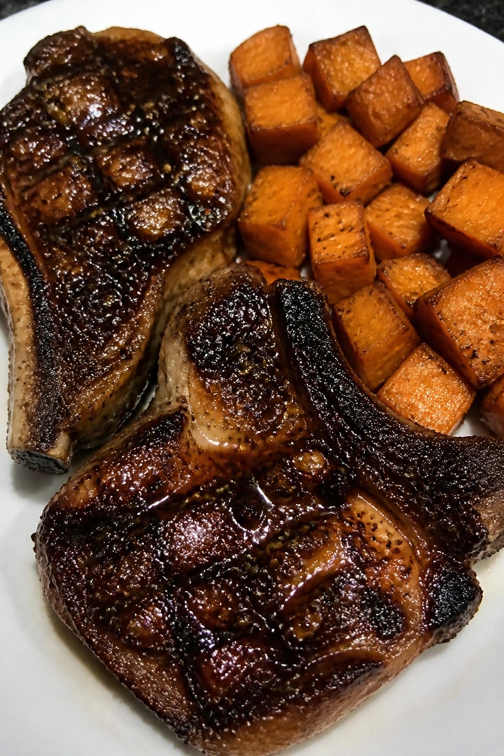 Bat Wing Glazed Pork Chops with Roasted Sweet Potatoes