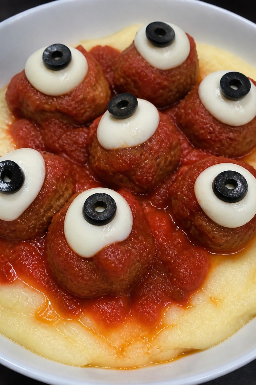 Monster Eyeball Meatballs in Marinara over Polenta