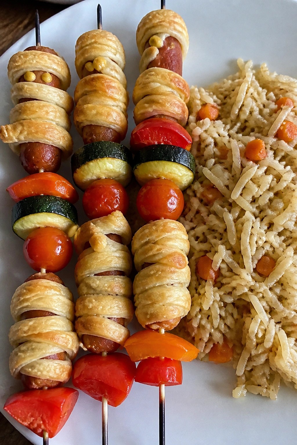 Mummy Sausage and Vegetable Skewers with Rice Pilaf