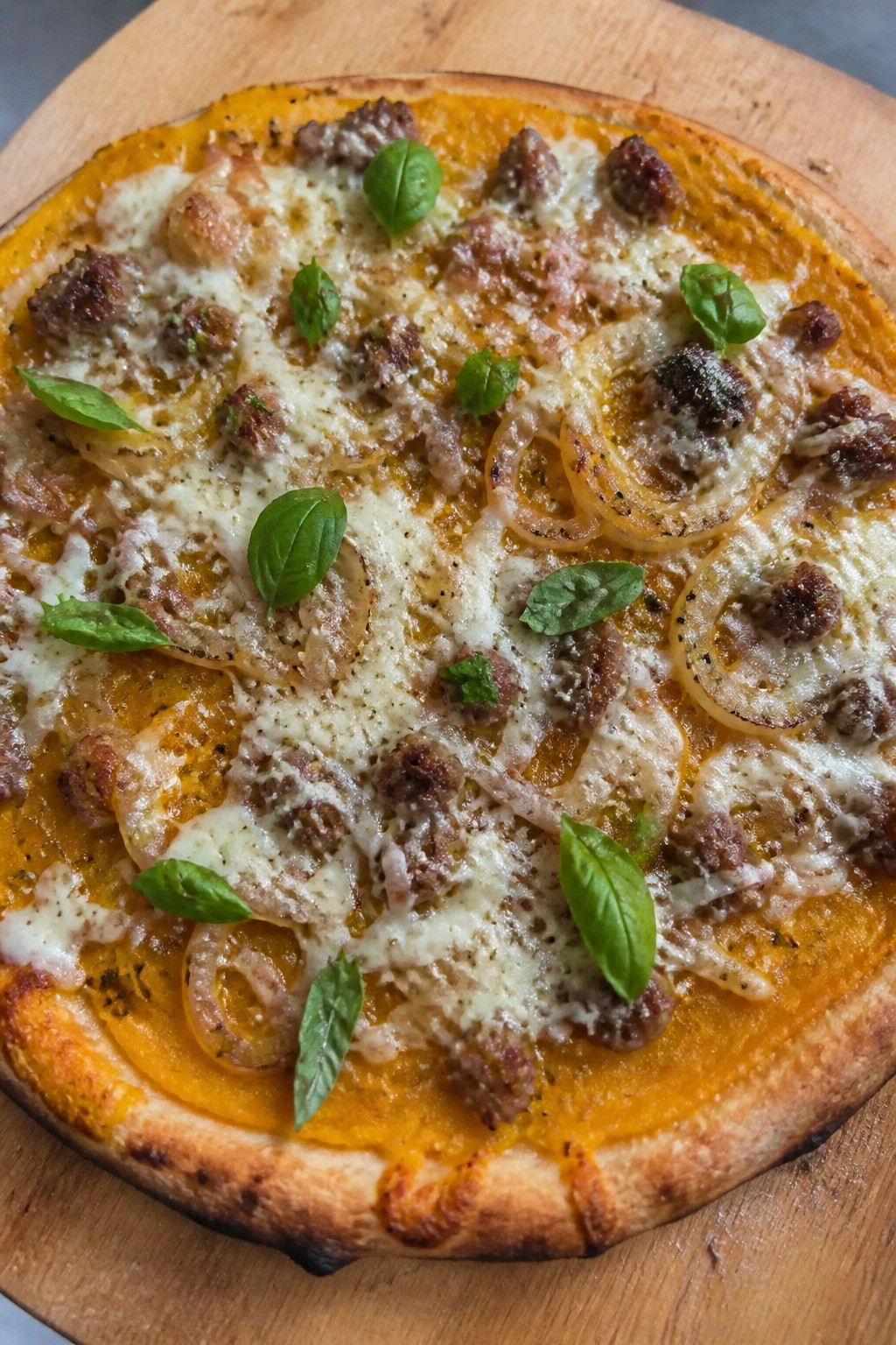 Pumpkin Patch Sausage Pizza with Caramelized Onions