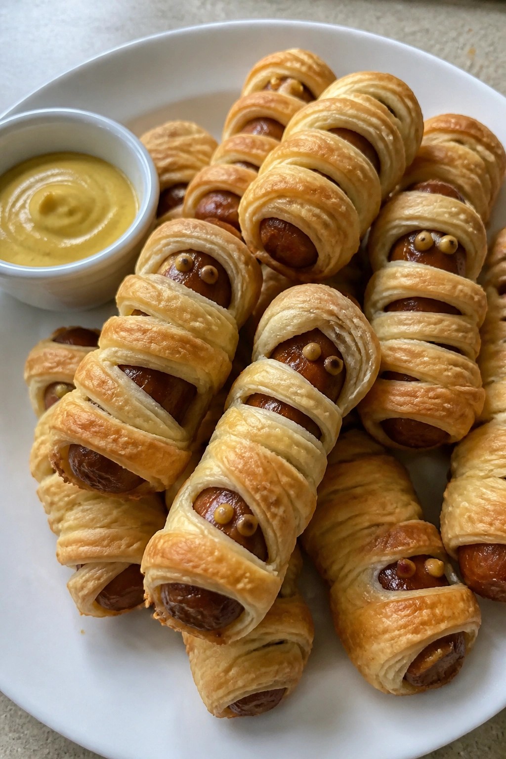 Mummy-Wrapped Sausage Rolls with Mustard Dip