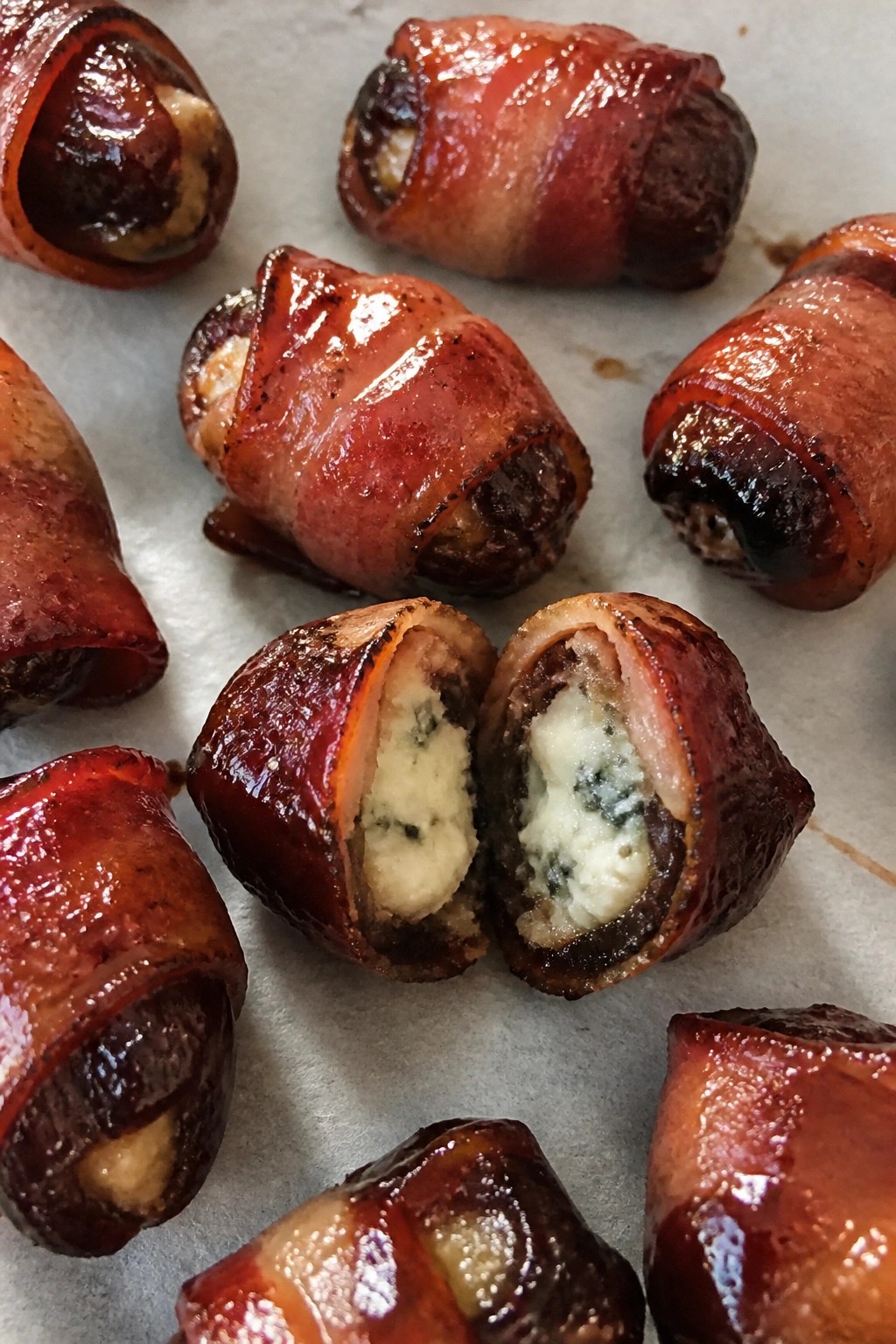 Bourbon-Glazed Bacon-Wrapped Dates with Blue Cheese
