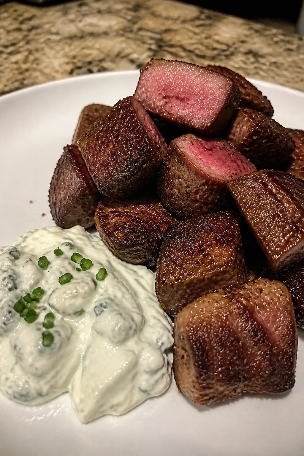 Espresso-Rubbed Steak Bites with Roquefort Dip