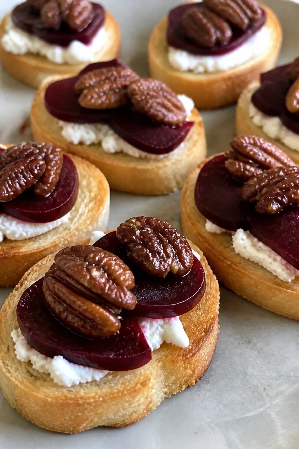Roasted Beet and Goat Cheese Crostini with Candied Pecans