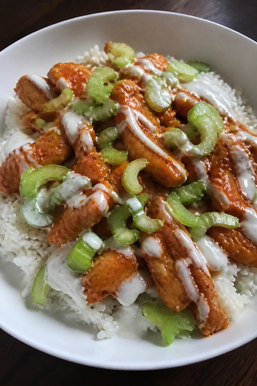 Bat-Wing Buffalo Chicken Rice Bowls with Celery and Ranch