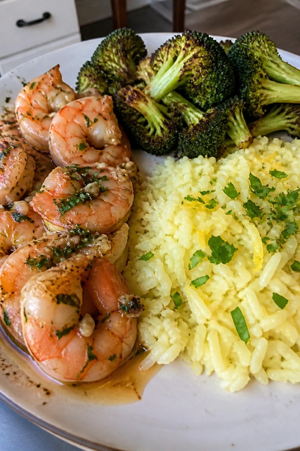 Garlic Butter Shrimp with Roasted Broccoli and Lemon Rice