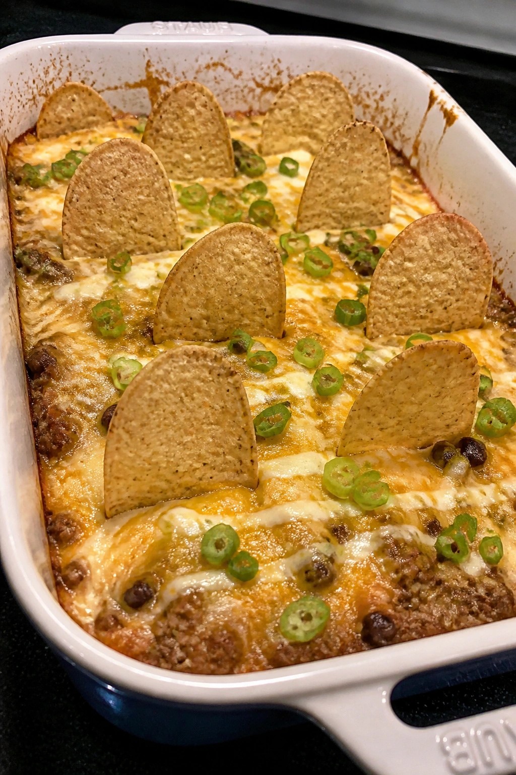 Graveyard Taco Casserole with Tortilla Chips and Queso