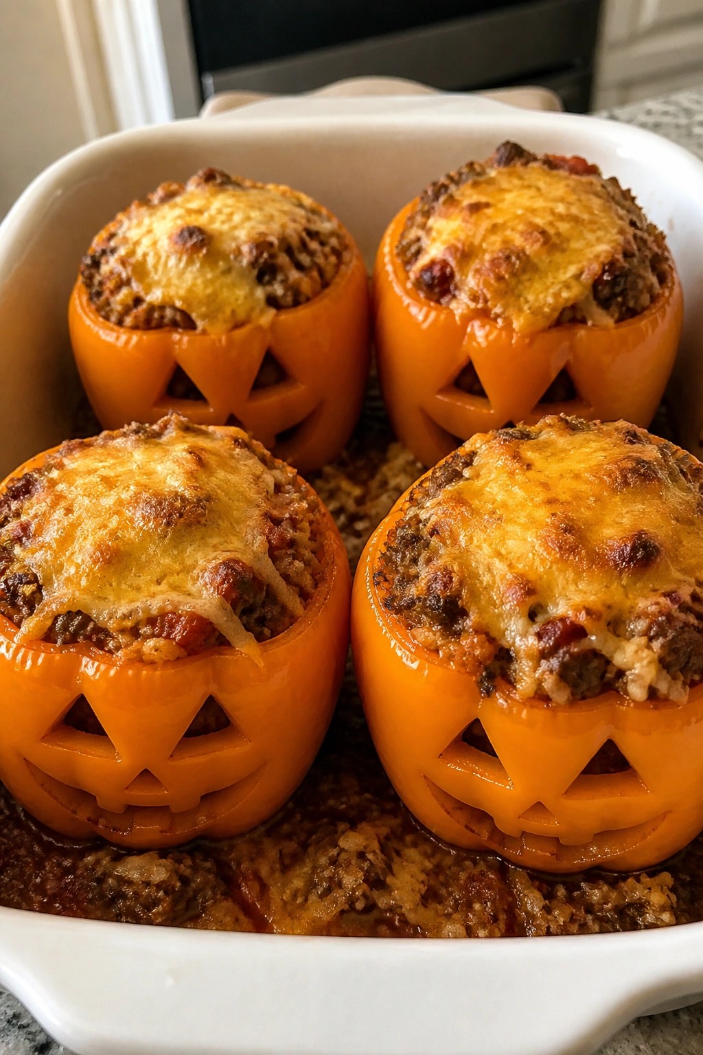Jack-o'-Lantern Stuffed Peppers with Beef, Rice, and Cheese