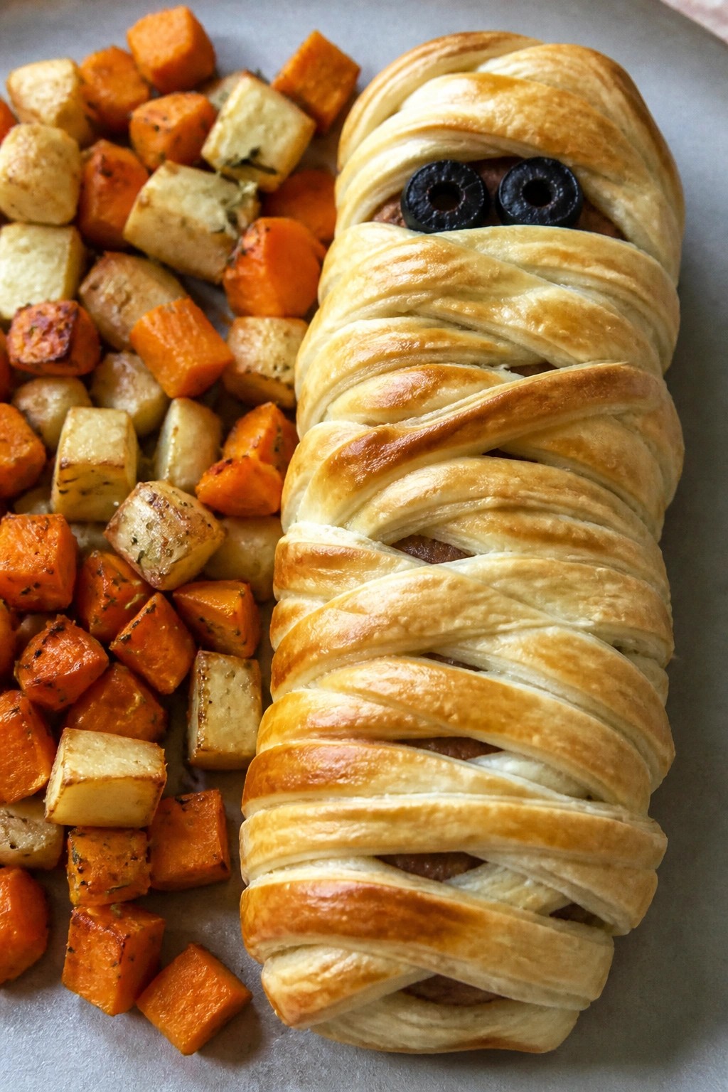 Mummy-Wrapped Meatloaf with Roasted Root Vegetables