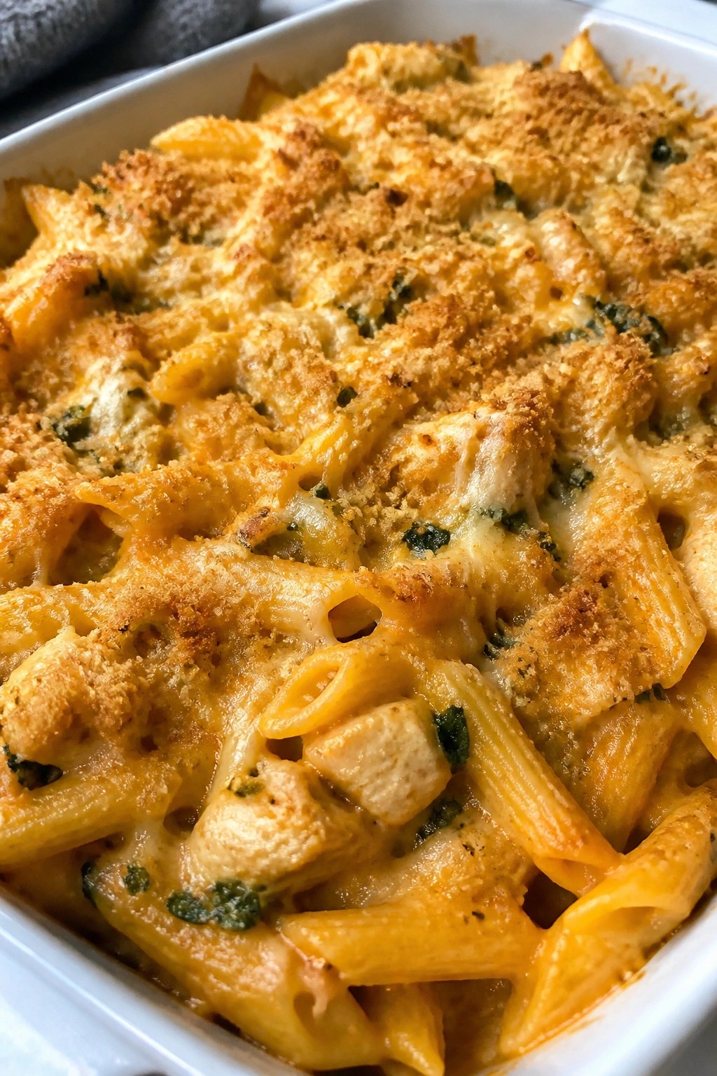 Pumpkin Sage Chicken Pasta Bake with Crispy Breadcrumbs