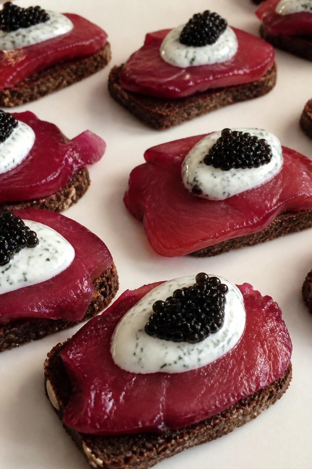 Beet-Cured Gravlax on Rye with Dill Cream and Caviar