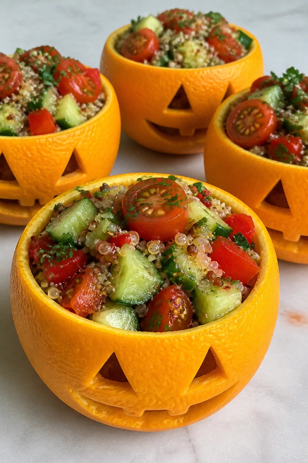 Jack-o'-Lantern Orange Cups with Quinoa and Veggie Salad