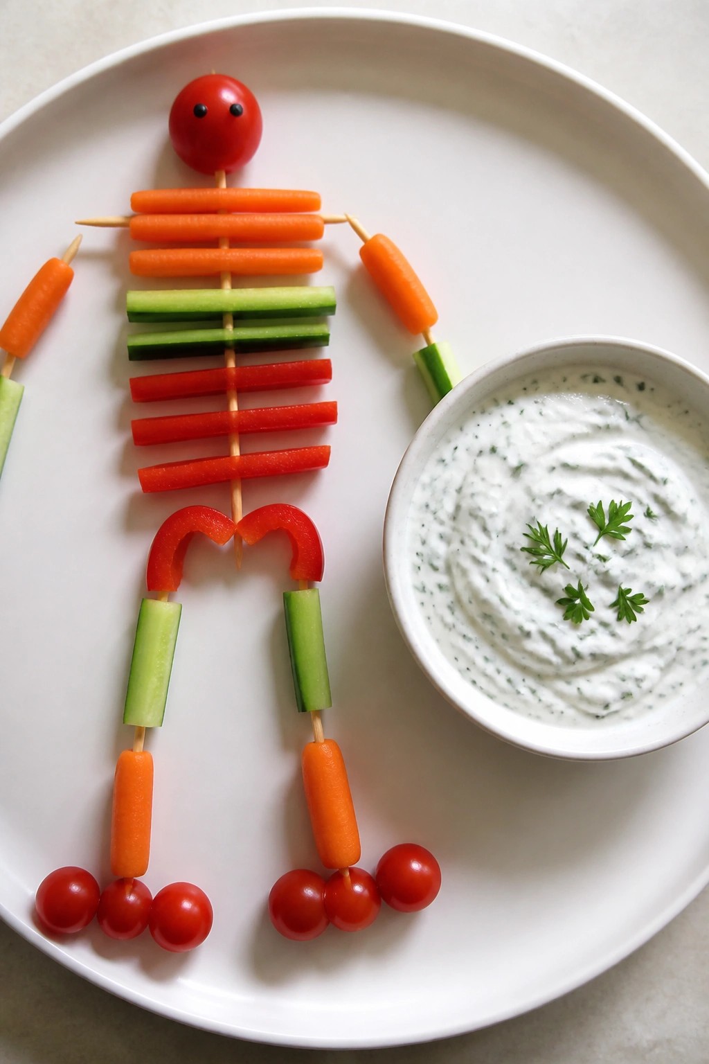 Skeleton Veggie Skewers with Lemon-Herb Yogurt Dip